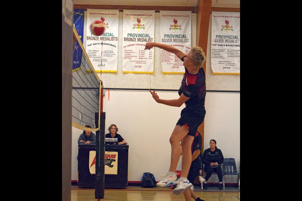 At the Canora Cougars Senior Boys Volleyball Tournament on Oct. 28, Canora’s Nate Wolos went up high and hammered a spike over the opposing blockers. 