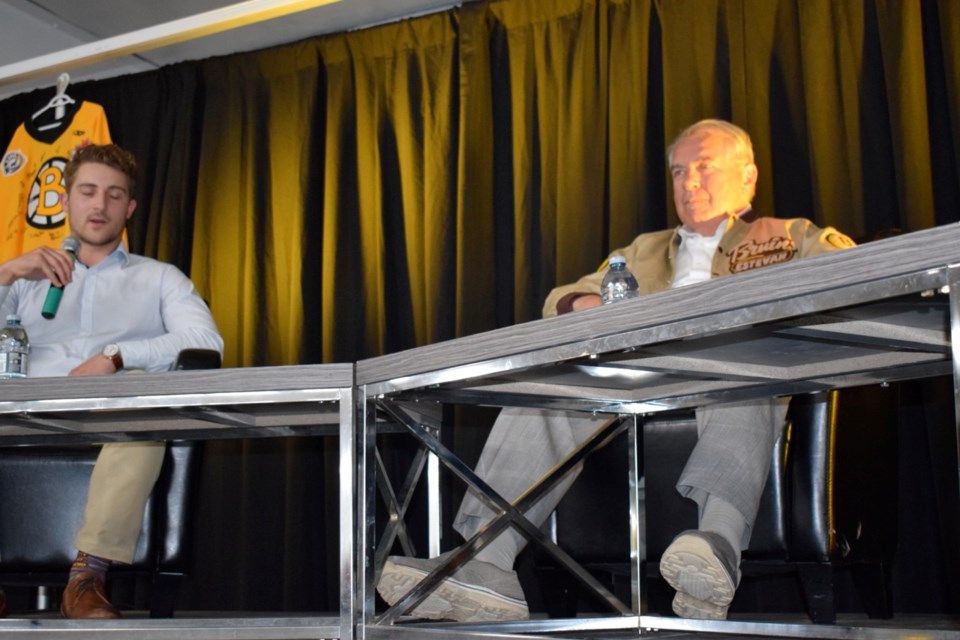 Brayden Pachal, left, and Joe Watson discussed their hockey experiences at the Estevan Bruins’ Sportsman’s Dinner.