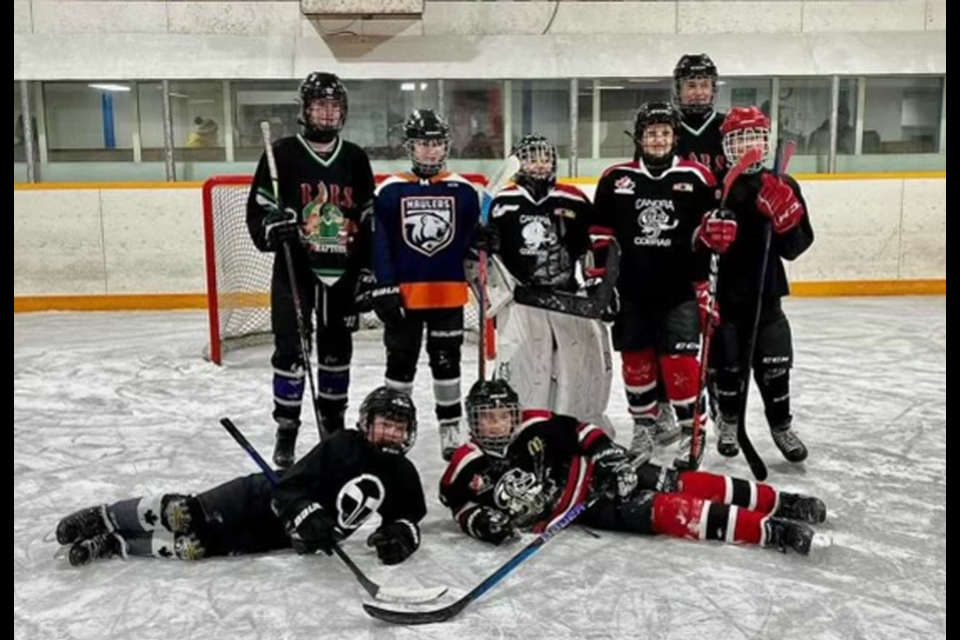 Team 4 was victorious in the A-side final of the Buchanan three-on-three hockey tournament on Dec. 31 at the Buchanan Skating Rink. Team members, from left, were: Alaina Roebuck (Buchanan), Angel Sliva (Canora), Mason Reine (Canora), Ashton Strelioff (Canora), Wyatt Wolkowski (Canora) and Zarin Godhe (Buchanan), and (front) Ben Blenkin (Yorkton) and Kasen Heshka (Canora).