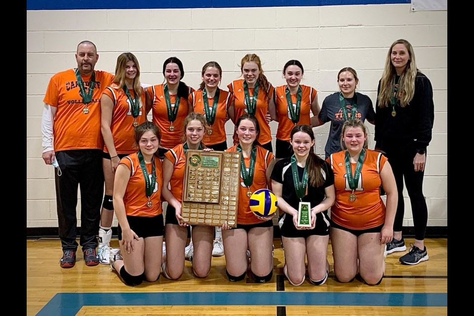 The Carnduff Tigers provincial champions are, back row, from left, coach Ryan Nichols, Caitlin Bolduc, Brooke Gardiner, Wynter Cowan, Payton Hollinger, Anesa Nichols, Coach Kylie Matiowsky and coach Michelle Sweeting. Front row, from left, Natalie Barber, Alex Jensen, Jamie Levesque, Tessa Lanski and Presley Barber. 