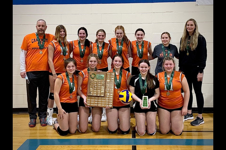 The Carnduff Tigers provincial champions are, back row, from left, coach Ryan Nichols, Caitlin Bolduc, Brooke Gardiner, Wynter Cowan, Payton Hollinger, Anesa Nichols, Coach Kylie Matiowsky and coach Michelle Sweeting. Front row, from left, Natalie Barber, Alex Jensen, Jamie Levesque, Tessa Lanski and Presley Barber. 