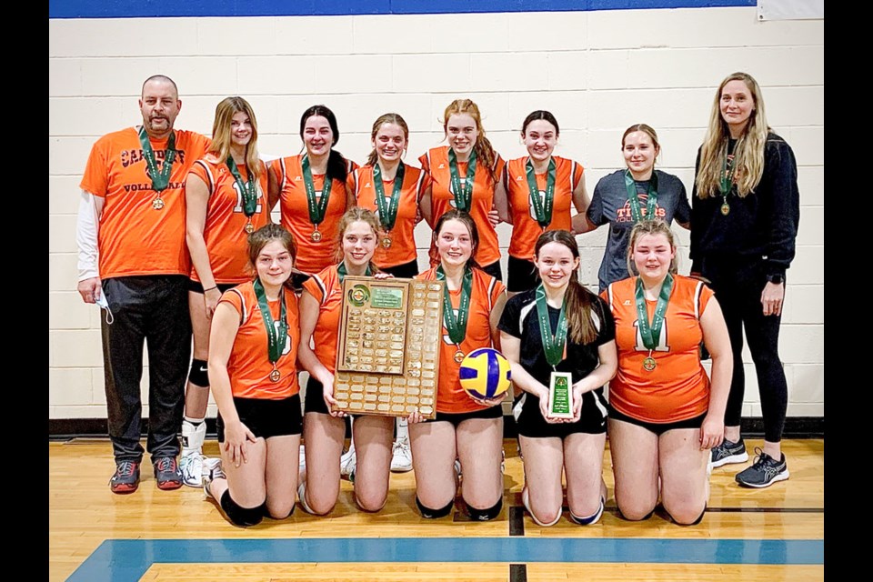 Members of the Carnduff Tigers senior girls volleyball team that won the provincial title are, back row, from left, coach Ryan Nichols, Caitlin Bolduc, Brooke Gardiner, Wynter Cowan, Payton Hollinger, Anesa Nichols and coaches Kylie Matiowsky and Michelle Sweeting. Front row, from left, Natalie Barber, Alex Jensen, Jamie Levesque, Tessa Lanski and Presley Barber. 