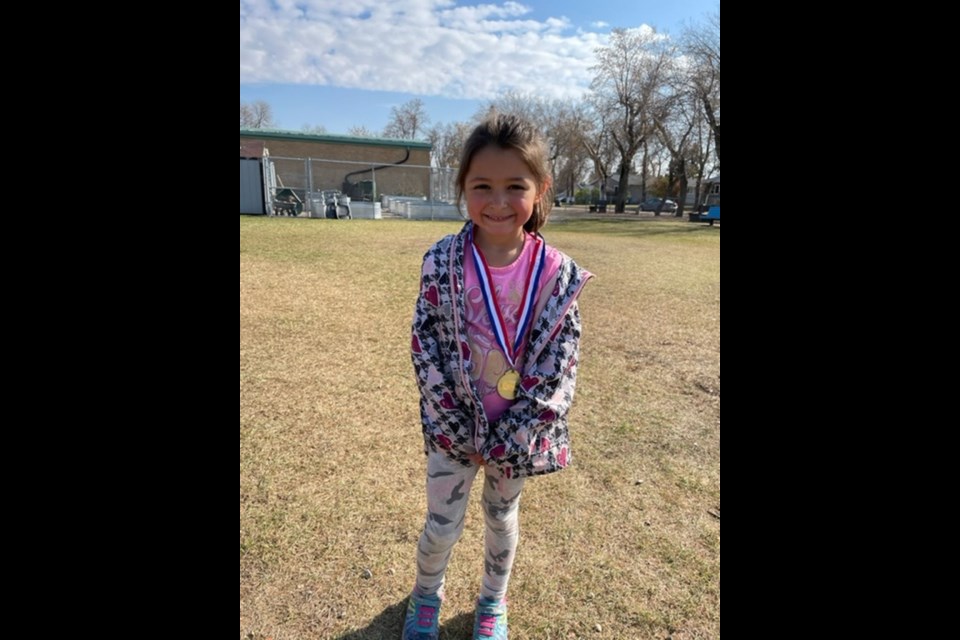 At the first ever Canora Junior Elementary School Cross-Country Meet on October 8, Keira Owchar won the gold medal in the 6-and-under girls category, and set a school record in the process. / CJES