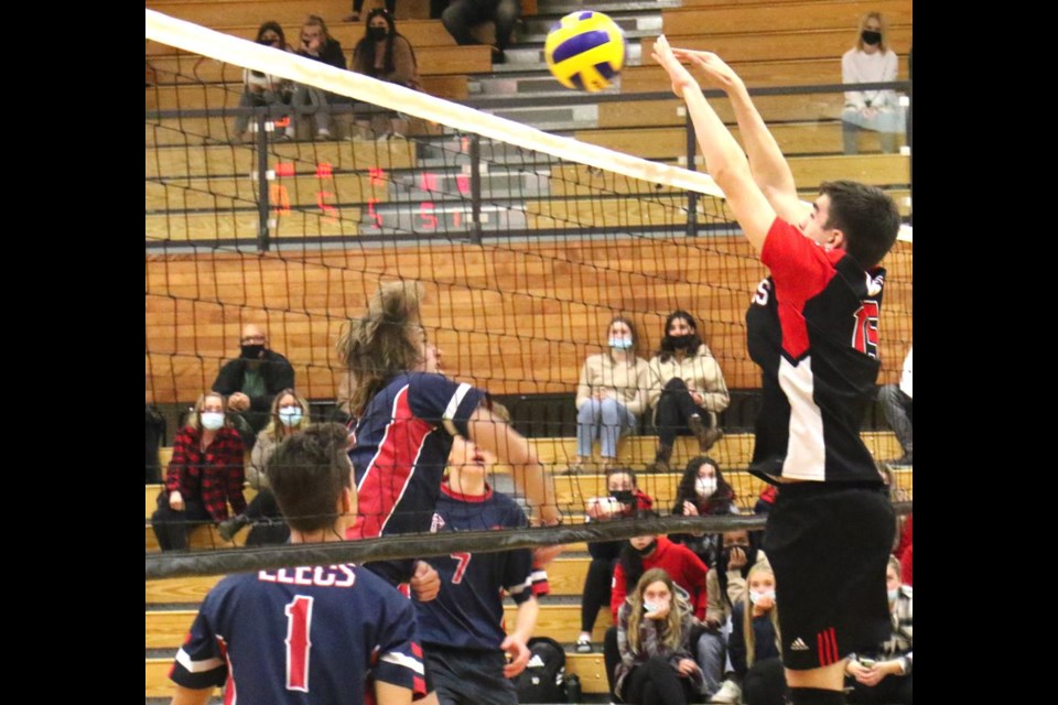 Weyburn Comp Eagles player Dalton Molnar was up to block a spike from the Estevan Elecs, during the Co-op Challenge on Tuesday night.