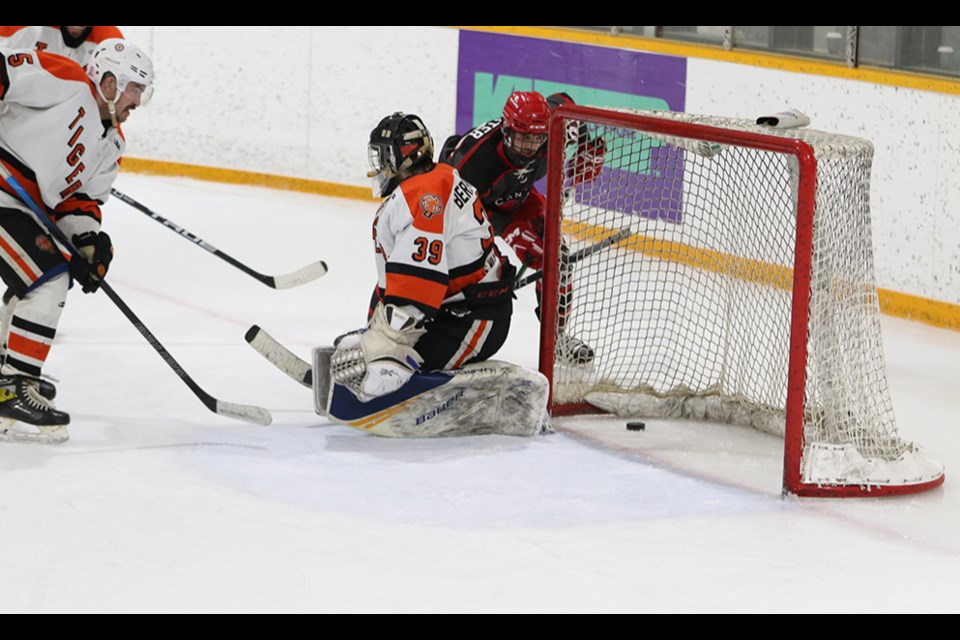 Wearing a full facemask to protect a facial injury suffered in Game 2, Logan Foster got the Cobras on the scoreboard with this goal during the third and final game of the SEHL league championship series against Rocanville on March 29 in Canora.
