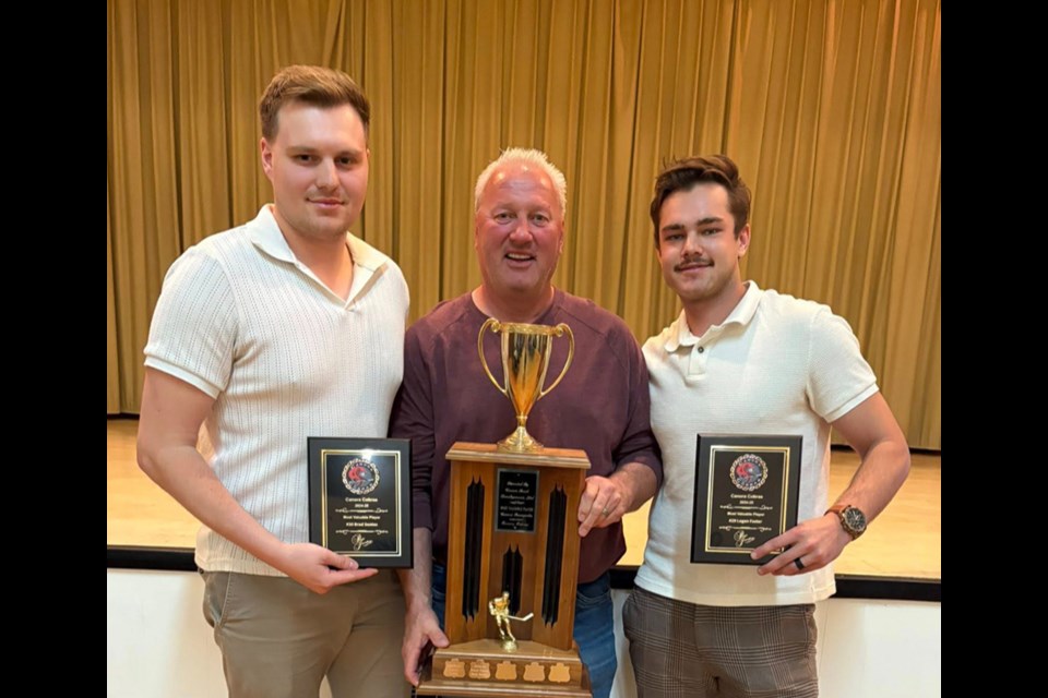 At the Canora Cobras Awards Banquet on April 26 at Rainbow Hall, Coach Darren Schwartz (centre) presented the Most Valuable Player award to co-winners Brad Sentes of Regina, left, and Logan Foster of Kamsack. Sentes also won the awards for Top Goalie and for Playoff MVP.