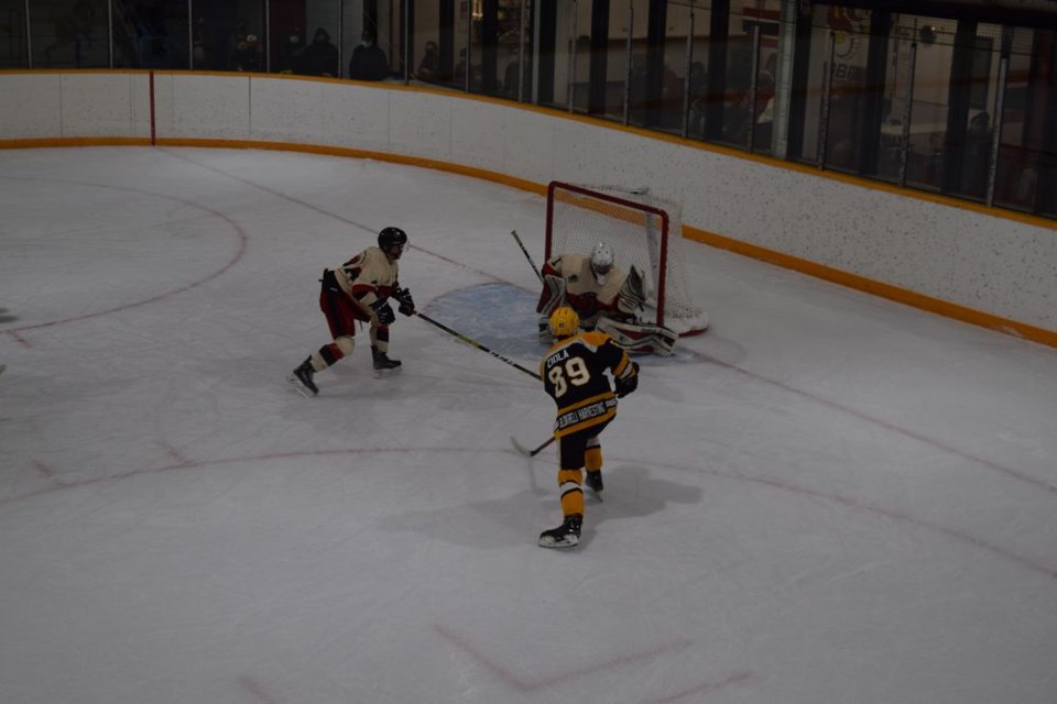 In the first period of the game versus the visiting Theodore Buffalos on December 18, the Cobras were out-shot 26 to 9, but goalie Rylan Palchewich of Canora made 25 saves, many of them difficult, to keep the score tied at one heading into the first intermission. / Rocky Neufeld