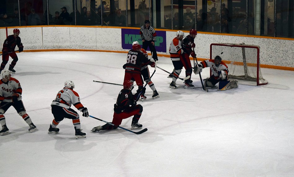 Jake Heerspink of the Cobras ripped this shot up high over the Rocanville goalie to pull Canora closer in Game 1.