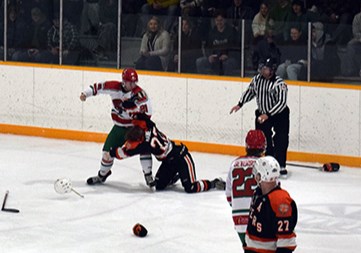Skyler Hladun punctuated the Cobras big win over Rocanville on Jan. 6 at the Civic Centre with a decisive victory against Dylan Haney of the Tigers in this third-period scrap. 