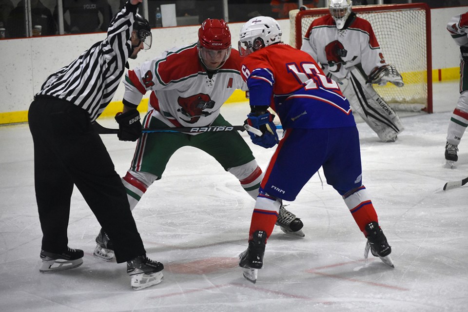 Skyler Hladun (white jersey) and the Canora Cobras faced off against the Cote Selects in Game 2 of the first round series, and eliminated the Selects in two straight games with a 6-3 win on Feb. 15 at the Cote Memorial Arena.