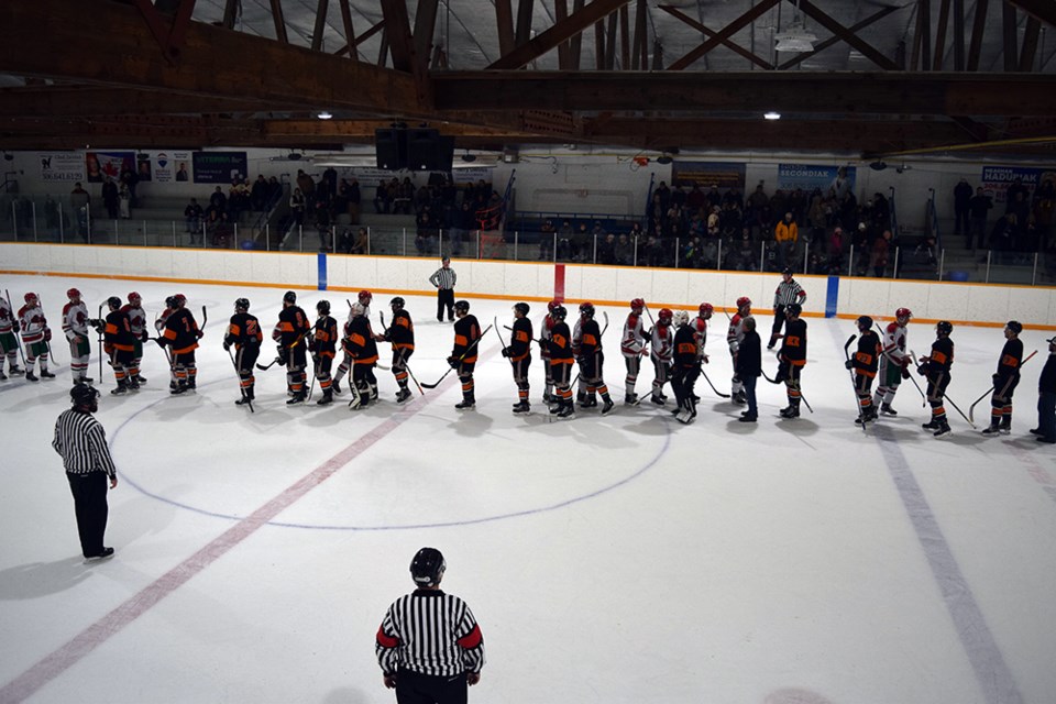After Dinsmore scored the series-winning goal in overtime of Game 3, the two teams met for the customary handshakes.
