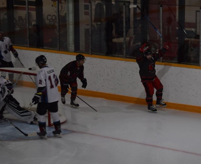 Canora Cobras captain Ryley Stefanyshyn celebrated after scoring the first goal of the Cobras home opener against Ituna on November 12, and the Cobras’ first goal on home ice since 2012. He was quickly joined in the celebration by teammate Aaron Yaremchuk, No. 9. / Rocky Neufeld
