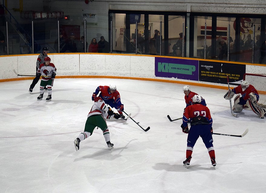 Within the first four minutes of the game against Cote on Jan. 20, Jake Heerspink set up the first goal for Canora and scored the second on this perfect shot to the top corner. 