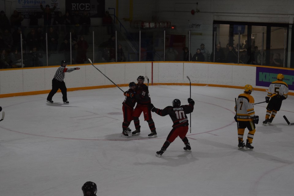 Casey Mydonick of Canora (No. 10) joined the celebration with Tyler Shankowsky (centre) and Ryley Stefanyshyn of Canora, after Stefanyshyn scored the tying goal late in the third period against Theodore. 