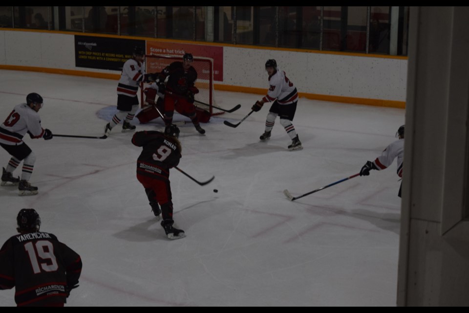 Kolt Konan scored on this shot for the Cobras with the help of a screen by teammate Colby Jacob, which gave Canora a short-lived lead in the third period in the game against Wapella on Nov. 26.