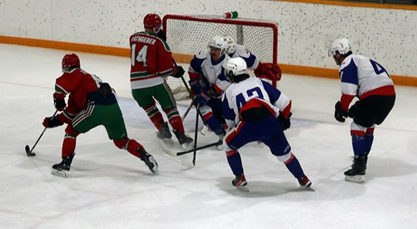 Carter Dereniwsky of Canora (far left), scored his first of three goals for the night on this well-placed backhand in the first 