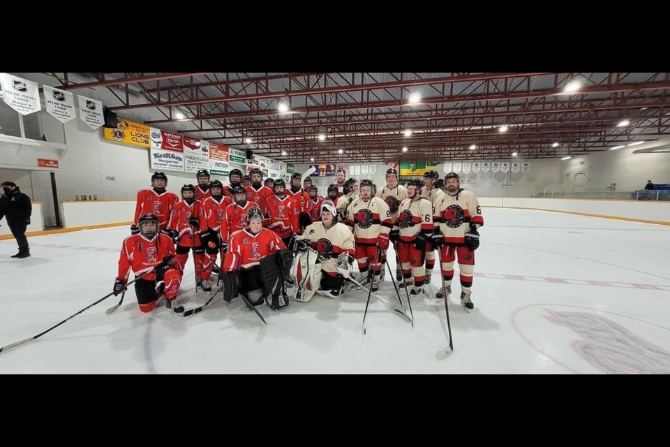 Due to both teams having their expected games cancelled, the Canora Cobras senior hockey team (white jerseys) challenged the U15 Highway 9 Predators, a combined team made up of Preeceville and Canora players, to a fun game on January 22 in Preeceville. From all reports, a fun time was had by all and the Predators gained some useful hockey knowledge from the Cobras. / Preeceville Progress