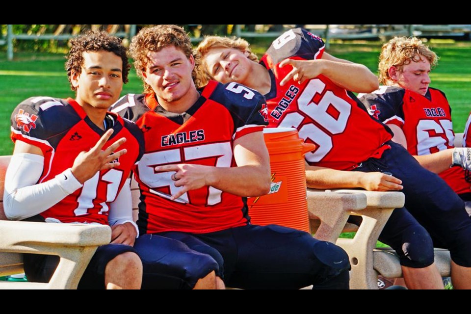 This group of Weyburn Comp Eagles players had a good time hanging out at the exhibition scrimmage game versus the Estevan Elecs on Friday in Estevan. They are, from left, Isaiah Sanderson, Kaleb Charlton, Owen Istace and Alex Junk. Their season will open in Yorkton on Friday, Sept. 9.