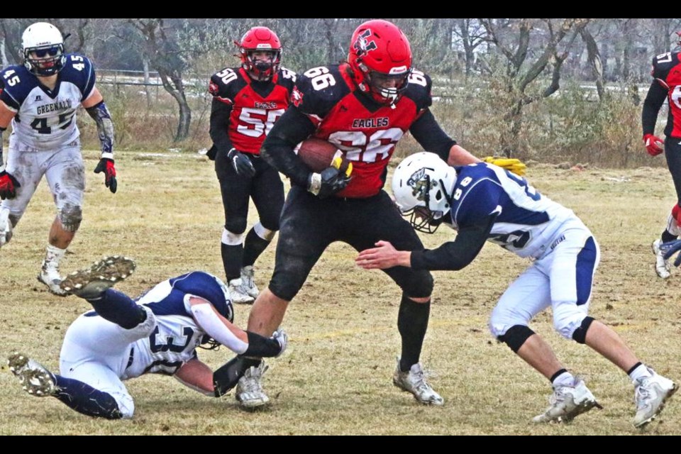 WCS Eagles ball carrier Owen Istace was able to get some yards on this play vs Balgonie on Saturday.