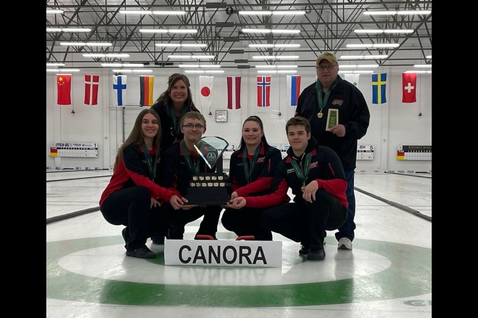 After qualifying for provincials in Estevan the previous weekend, the Canora Composite School senior mixed curling team travelled to Swift Current and swept the best teams in Saskatchewan to take the provincial championship, held March 11 and 12. “We won Gold! We beat Avonlea, Leoville, Tisdale and then Watrous in the final to bring the trophy home for a year,” said Simone Homeniuk, teacher representative. Team members, from left, are: (back row) Simone Homeniuk and Clarence Homeniuk, coach; and (front) Kailey Sleeva, lead; Brody Harrison, second; Cassidy Zuravloff, third and Lane Zuravloff, skip.