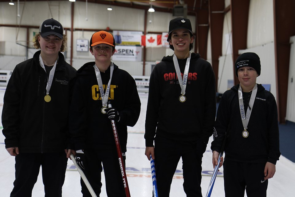 The East Central District junior curling gold medalists, from left, were: Jaxton Ditz (lead), Brandon Woicichowski (second), Liam Trask (third) and Aidyn Tratch (skip).