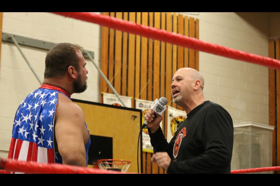 Yorkton's Jason Boyda and CWE star Danny Duggan 'have words' in the ring.