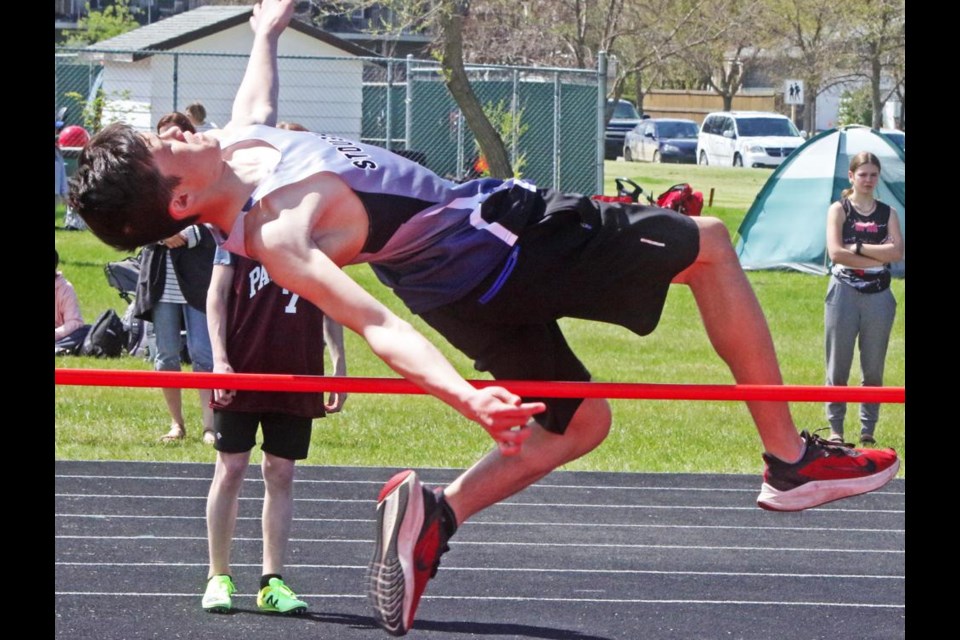 Intermediate boys athlete Brighton Coderre of Stoughton made his attempt at high jump. He placed third, and also came second in 100m, second in triple jump and fifth in javelin.