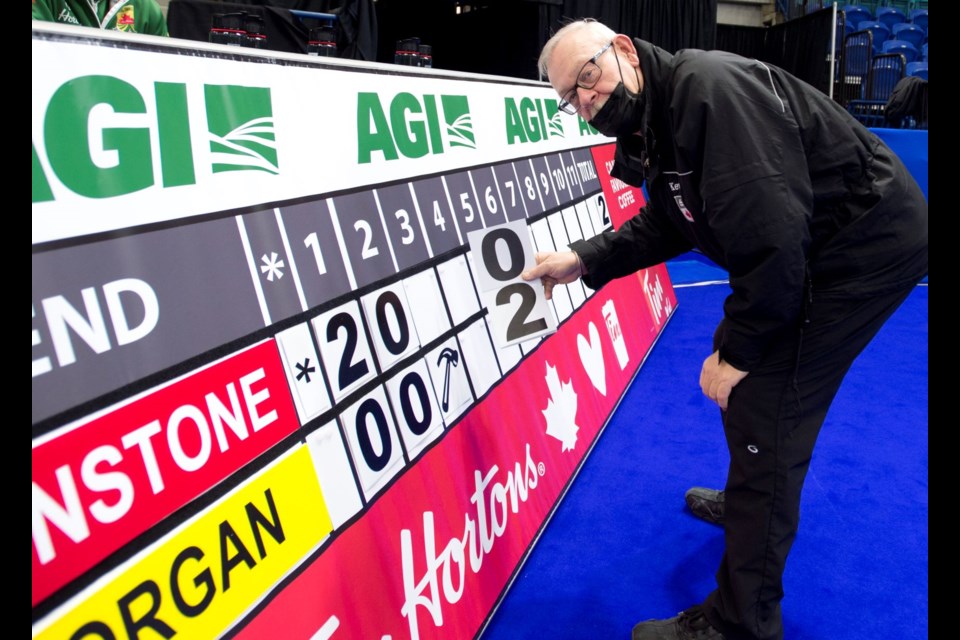 Kevin Glessing marking up the score for a draw featuring Sask. Team Dunstone playing Team Horgan during the Canadian Olympic Curling Trials in Saskatoon Nov. 20-28.