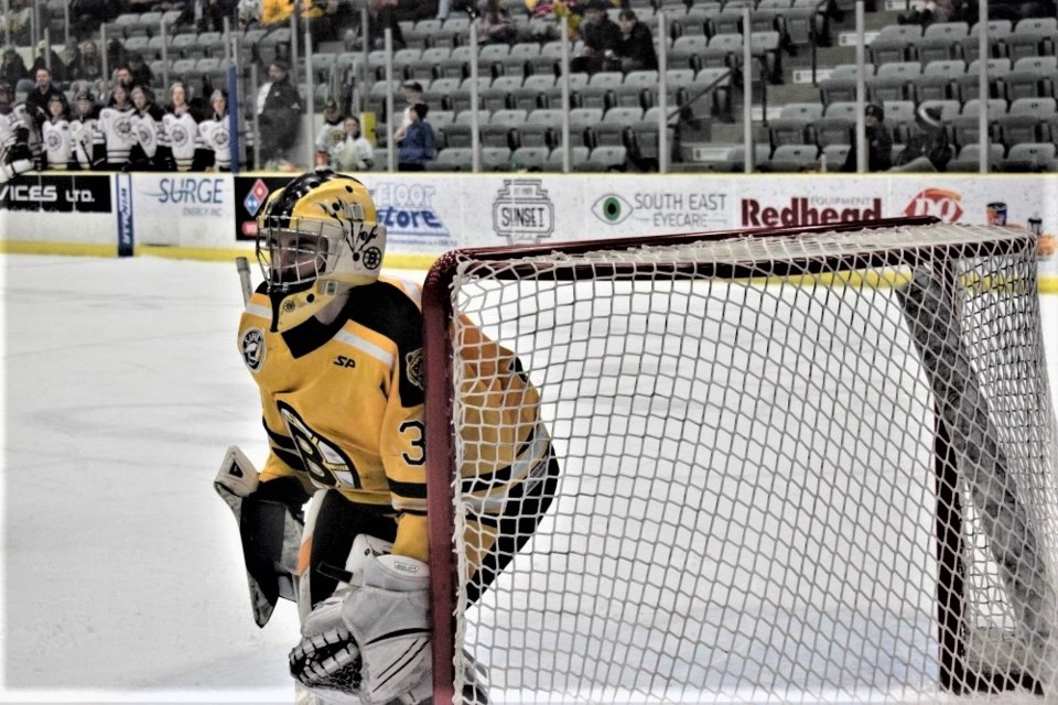 Cam Hrdlicka had a 35-save shutout Wednesday night against Flin Flon. 