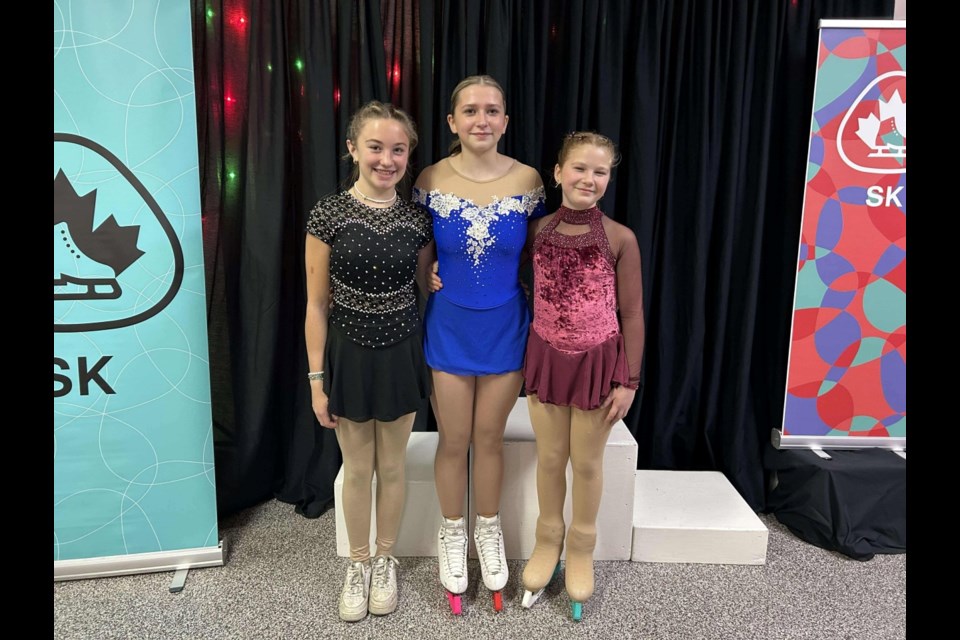 From left, Braxton Pouteaux, Rachel Duncan and Meeka Gedak competed for the Estevan Figure Skating Club in Rosetown. 
