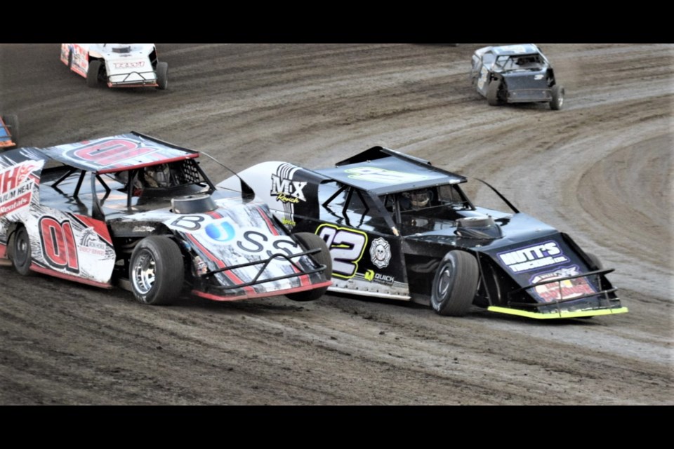 Kody Scholpp (02), pictured here duelling with Joey Galloway, won the modified championship by one point. 