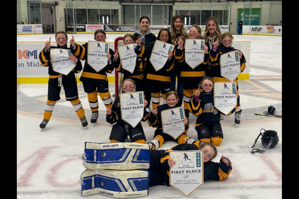 Members of the Estevan U9 carded Bearcats were, back row, from left, Julie Bakke, Kaylyn Wolensky and Meigan Wilhelm. Middle row, Adalyn lasko, Audree Jutras, Hadley Blaise, Claire Assoumbang, Haylee Poelen and Rory Sands. Front row, Paige Wilhelm, Harper Bakke and Maddyn Wolensky. Goalie is Eva Longman. Missing is Addison Cote. 