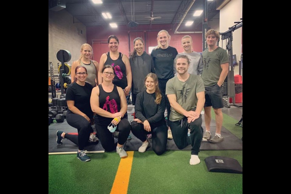 Group picture of Fitness Lair athletes who competed in recent Fitness Festival in Saskatoon: Meadow Lake Team Tessa Briscoe (standing) and Jenna Poitras, Meadow Lake Team Carmen Dabels (standing) and Barb Villeneuve, Unity Team Heather Kelly (standing) and Maxi Biederstadt, Unity Team Abby Rutley and Jenna Wood (both standing), Unity Team Dawson Ireland (standing) and Braden Polreis.