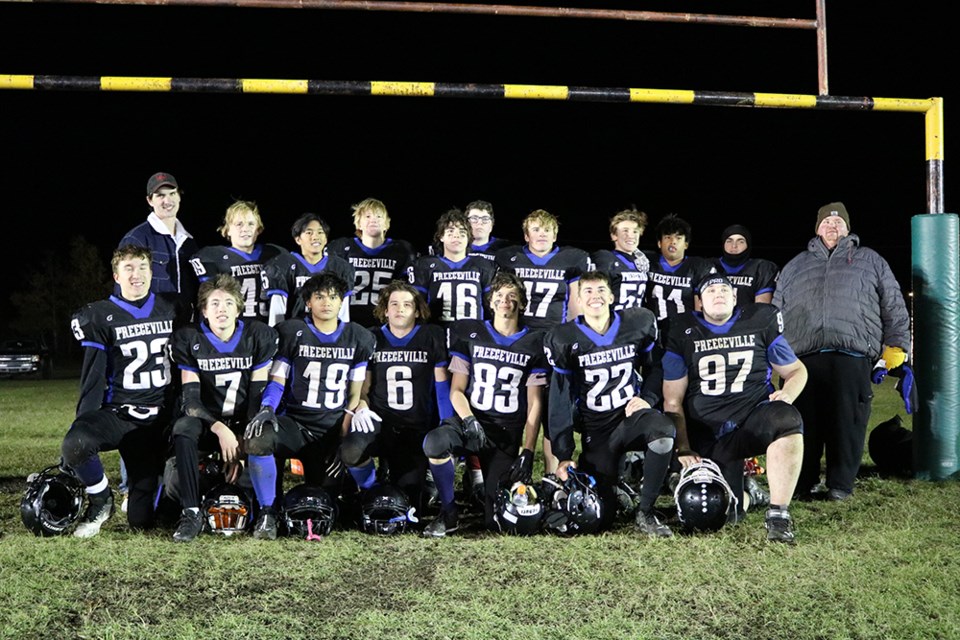 Members of the Preeceville Panther football team, from left, were: (back row) James Dodge, coach, Justice Stittle, Carter Scheller, Luke Sandager, Avery Franklin, Carsyn Galiz, Alex Neilson, Josiah Carroll, Ralph Grasparil, William Larson and Jeremy Mattison, coach; and, (front) Matthew Korney, Dixon Paul, Tristan Acosta, Keane Balyski, Nathan Newbery, Noah Carroll and Lyndon Gawrelitza.