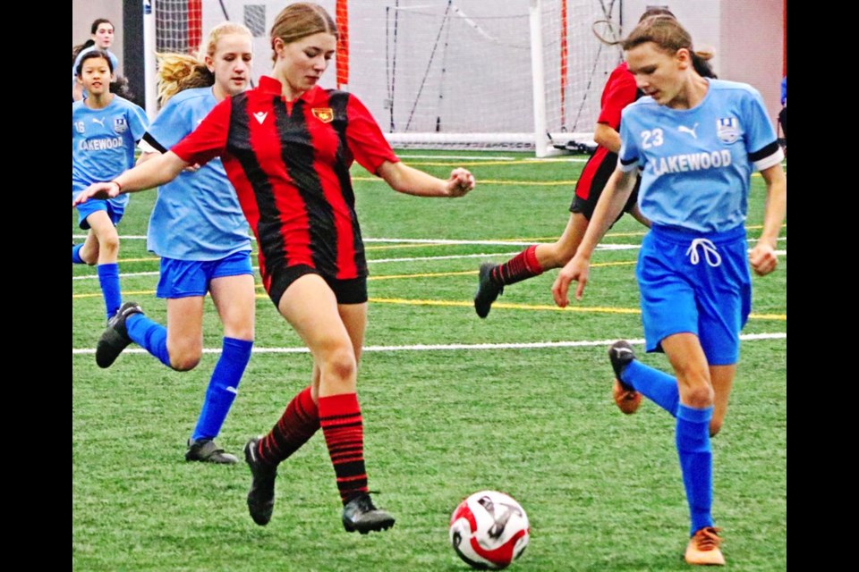 Mya G. of the Weyburn U13 girls team looked to kick the ball towards the Saskatoon zone, during an exhibition game vs Saskatoon Lakewood recently.