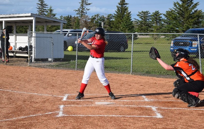 Meekah Unick, leadoff hitter for the Canora U15 Reds girls softball team, fought off this tough pitch for a base hit against the visitors from Yorkton on June 24. The Reds played with plenty of energy, but unfortunately went down to defeat.