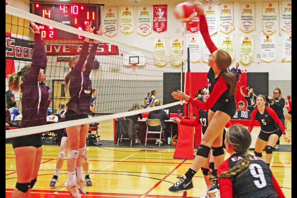 WCS Eagles player Ella Morken pounded a spike at centre court during their game vs the Arcola Panthers on Friday.