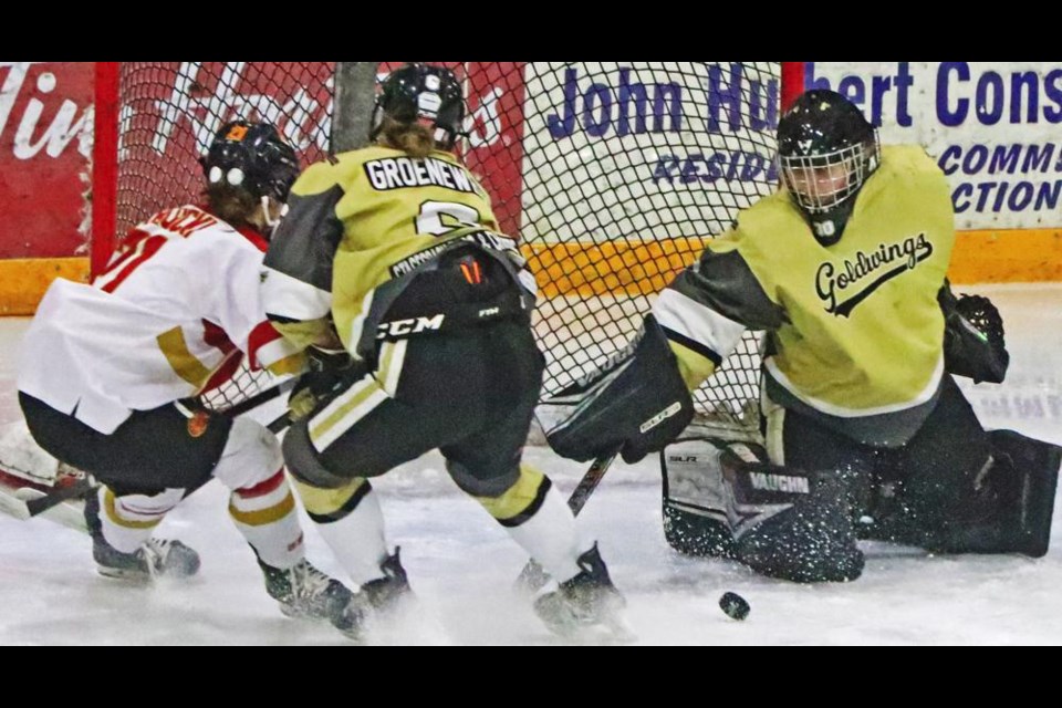 Gold Wings goalie Amy Swayze was able to knock the puck away on this scoring attempt by Regina on Saturday afternoon.