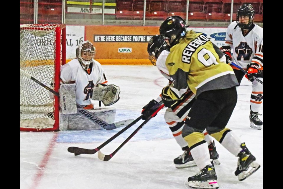 Gold Wings player Hadley Revenko battled for the puck with a Prince Albert player by the side of the Bears net.