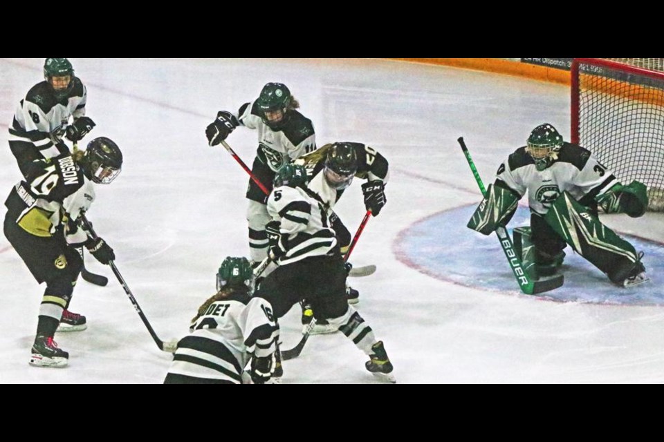 Gold Wings players Rilynn Dobson, left, and Paisley Arntsen dig for the puck in front of the Stars net on Saturday