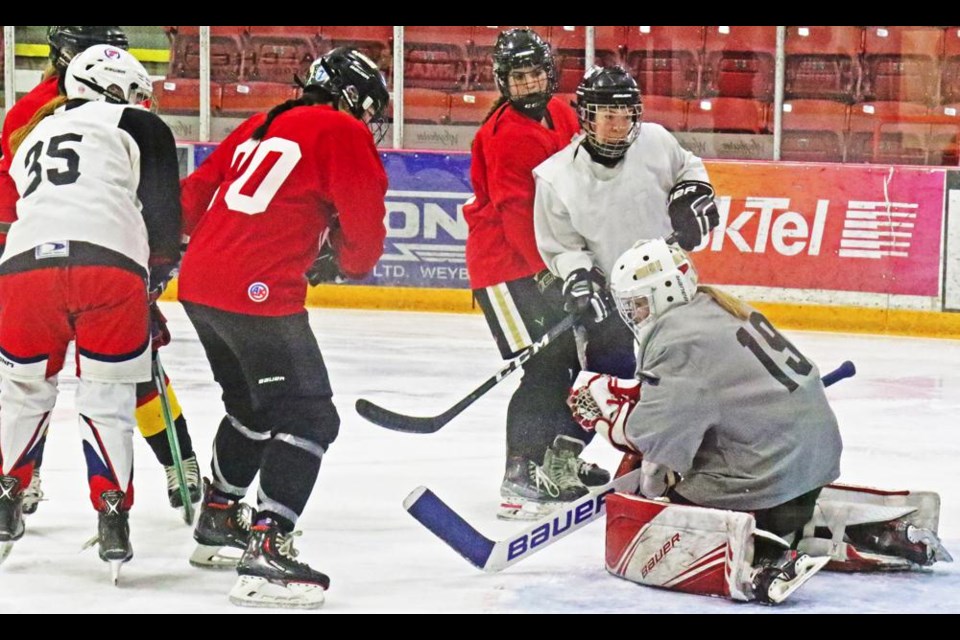 Team white had a shot on net in this play, during a scrimmage game at the Weyburn Gold Wings spring camp on Saturday.