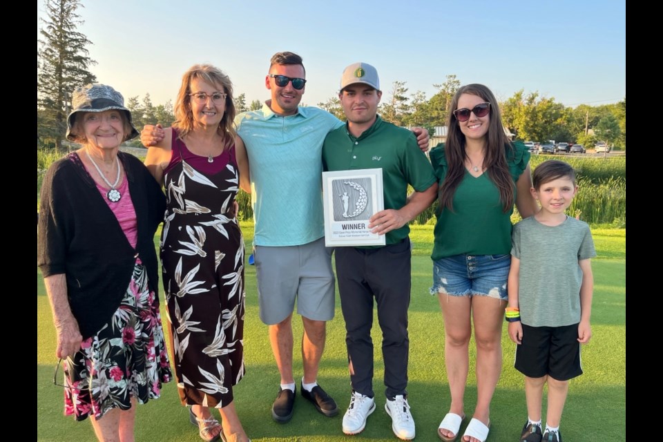 Participating in the presentation for the Dave Price Memorial Horse Race were, from left, Mary Price, Laureen Price, Tyson Price, Carson Harcourt , Taunia Turnbull and Eli Turnbull. Harcourt won the event.