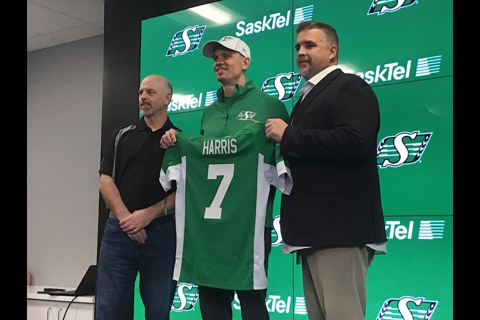 Roughriders Quarterback Trevor Harris is introduced to the media by Head Coach Craig Dickenson and General Manager Jeremy O’Day.