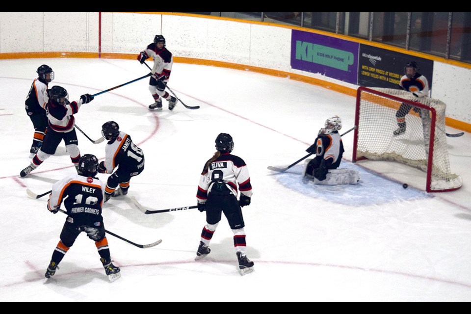 This shot from the edge of the faceoff circle by Kasen Heshka of the U13 Canora Cobras beat the Yorkton goalie just inside the post, with line mate Angel Sliva heading to the net for a possible rebound.