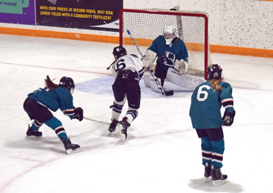 Breaking in on goal, Alaina Roebuck of Buchanan fought off a Balgonie defender and scored for the Prairie Ice on Nov. 18.