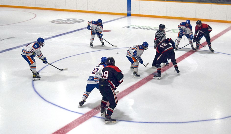 On Nov. 3, the opening faceoff for the U18AA game at the Canora Civic Centre between the visiting Moose Jaw Warriors and the Sask East Richardson Pioneer Oilers (white jerseys) featured five Oilers team members who played their minor hockey in or near Canora. Rhett Ludba of Canora took the faceoff, flanked by Ty Sleeva of Canora on right wing and Cort Simpson of Theodore on the left side. Mason Babiuk of Sturgis was on right defense and Levi Erhardt of Togo patrolled the left side.