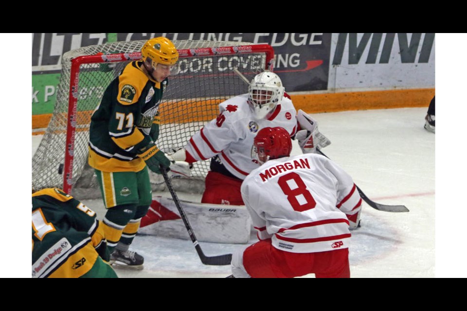 Matthew Perkins of the Humboldt Broncos, with assists from Cody Hough and Connor McGrath, scored the first goal against the Notre Dame Hounds at home on Sept. 25. The game saw the Broncos win 9-3.