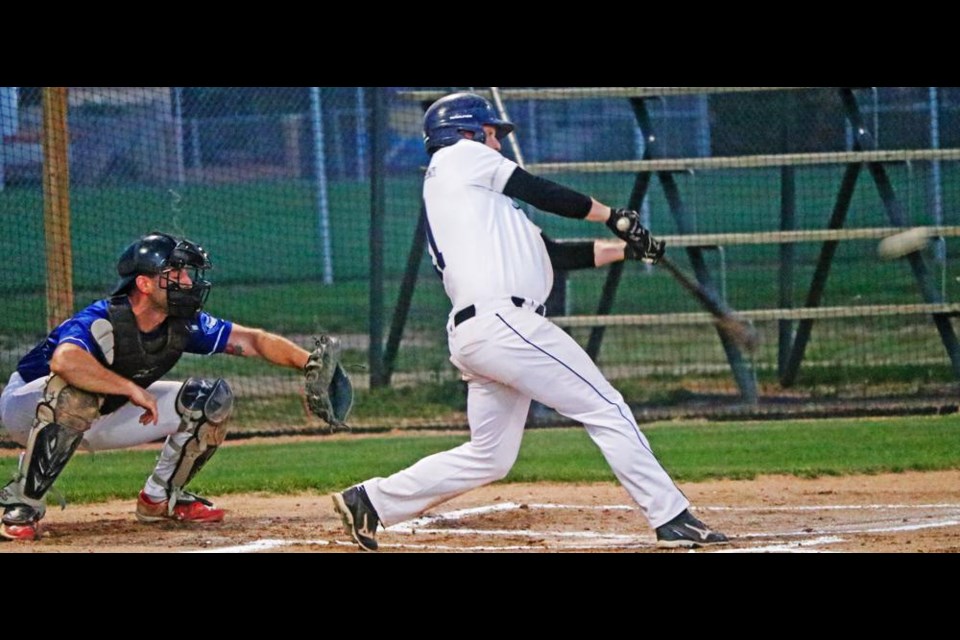Kelton Hoium of the Weyburn Iron Pigs had a big swing for a double, during Tuesday night's game vs the Regina Dodgers.