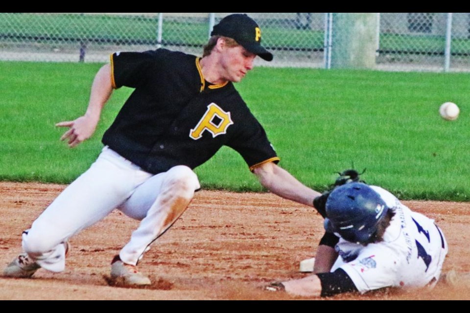 Iron Pigs player safely stole second base, as the Regina player was unable to hold onto the ball as he slid in