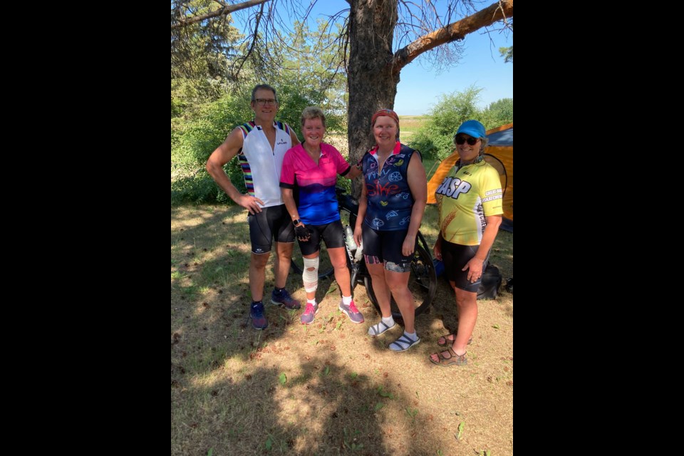 It was a grand 75th birthday celebration for former Unity resident, Gail Todd, shown here in pink jersey, as she was part of the the July 16-17 GASP tour through the Sask. Cycling Association, that stopped in Unity.